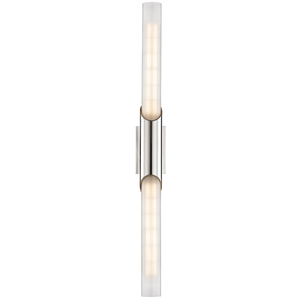 Pylon Wall Sconce 2.75" x 26.25" in polished nickel shown from the front to reveal the arm curve and shade silhouette.