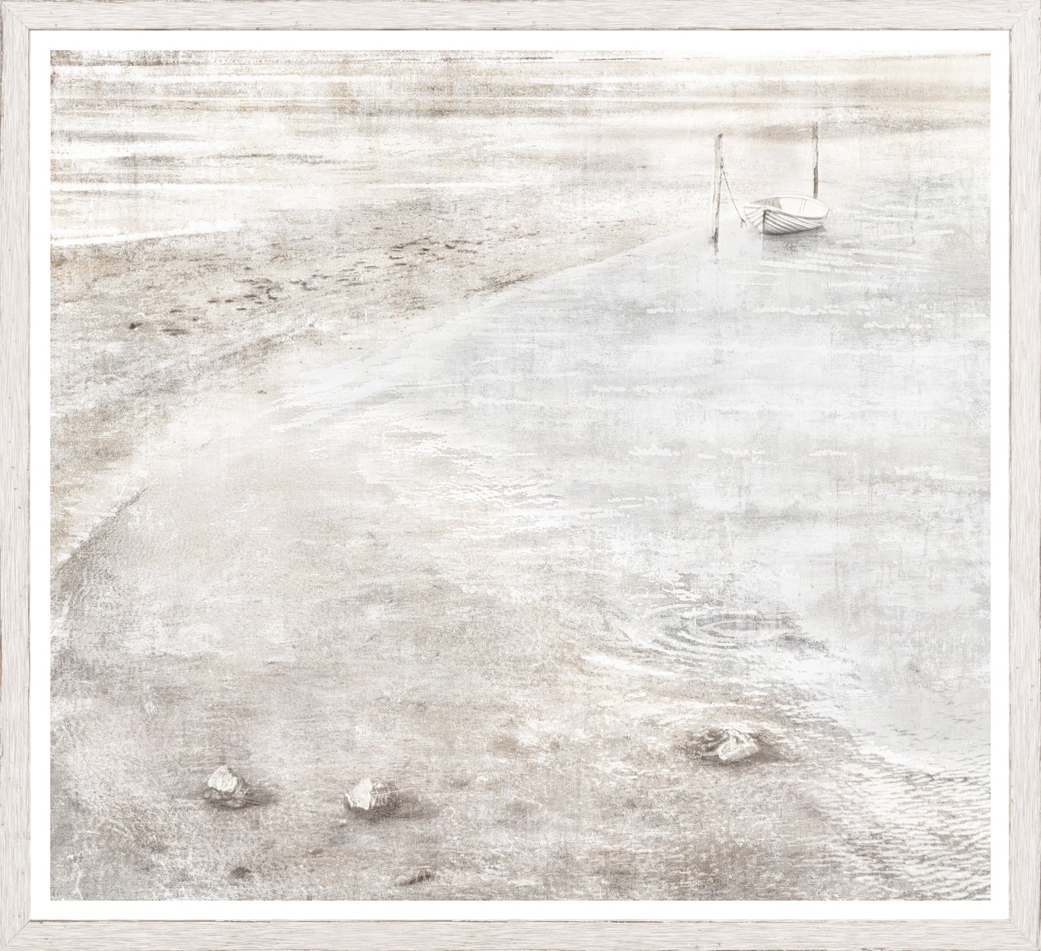 Little White Boat wall art featuring a serene beach scene with a small boat on calm waters, in muted tones.