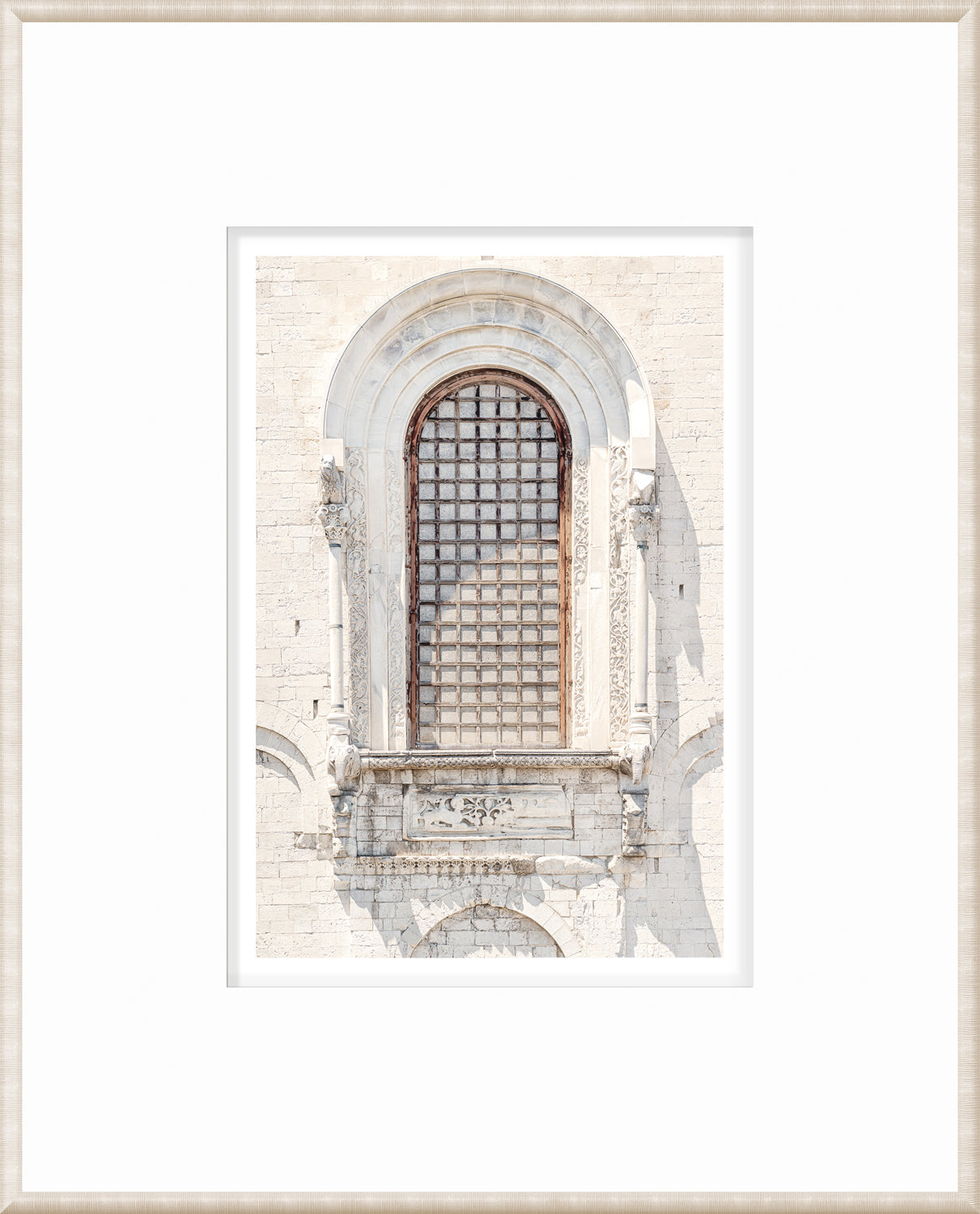 Masonry – Apulia, Italy wall art featuring a detailed arched window with a wooden grid.