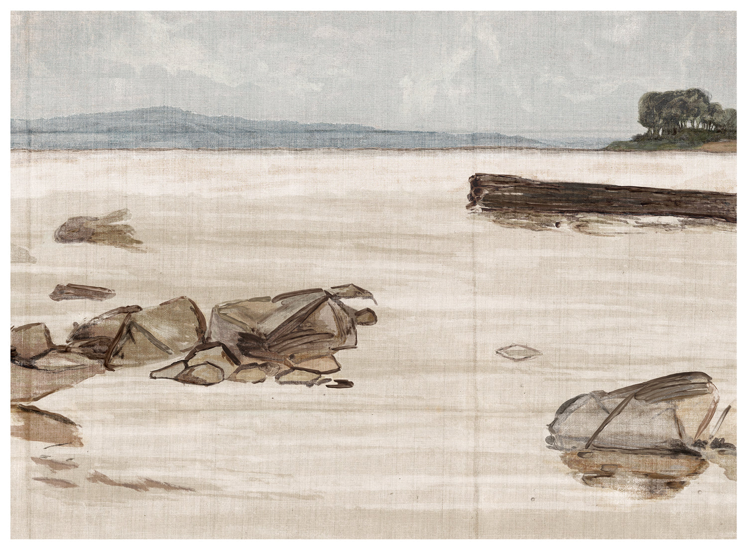 Ébauche Sketch, C. 1884 depicting a serene landscape with rocks in water, soft earth tones, and a distant horizon.