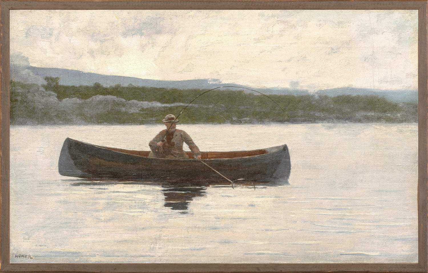 Northern Collection – Playing a Fish C. 1875, a man fishing in a canoe on a calm lake, soft colors