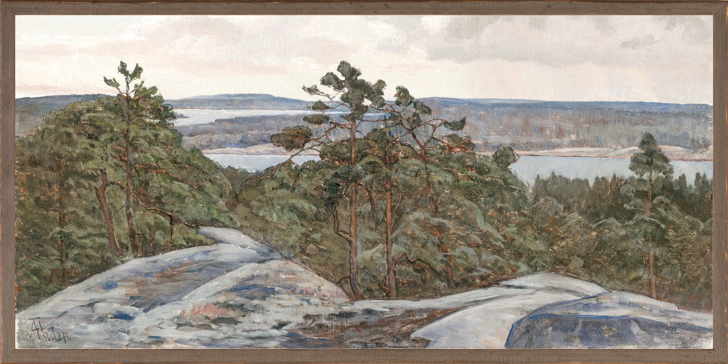 Northern Collection – High Ground C. 1911 wall art showcasing a serene view of trees and a lake.