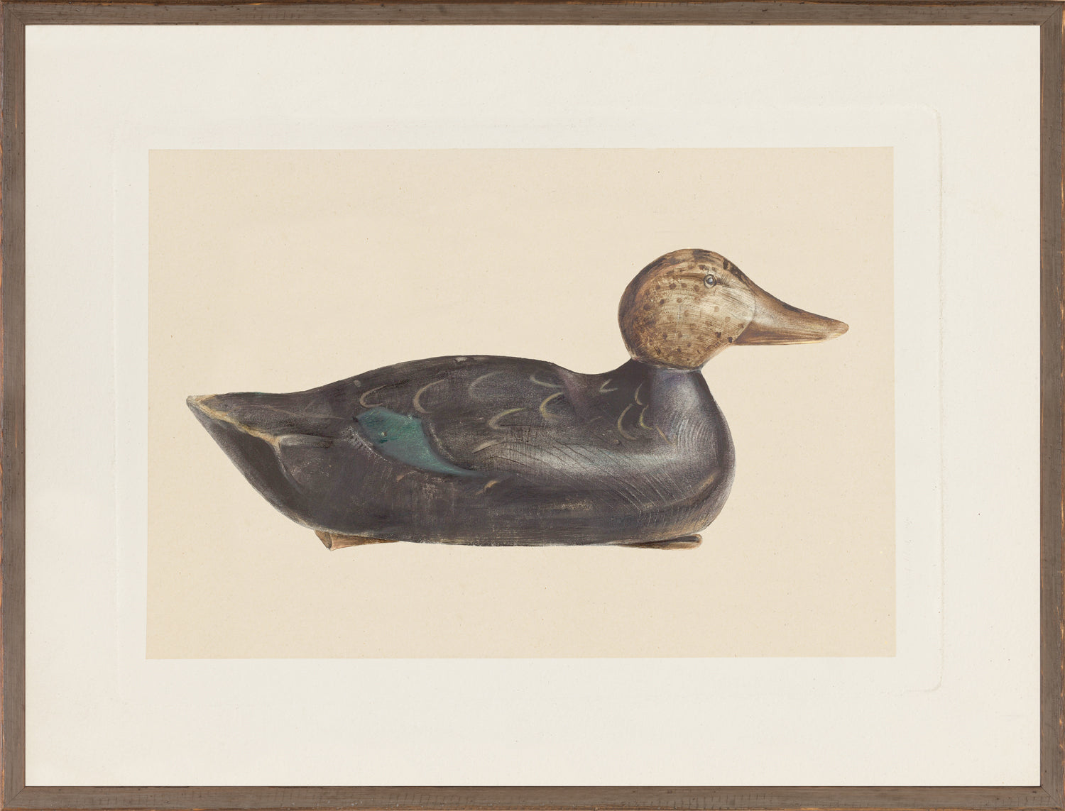 Northern Collection – Decoy C. 1940 wall art featuring a carved duck in dark wood with green accents.