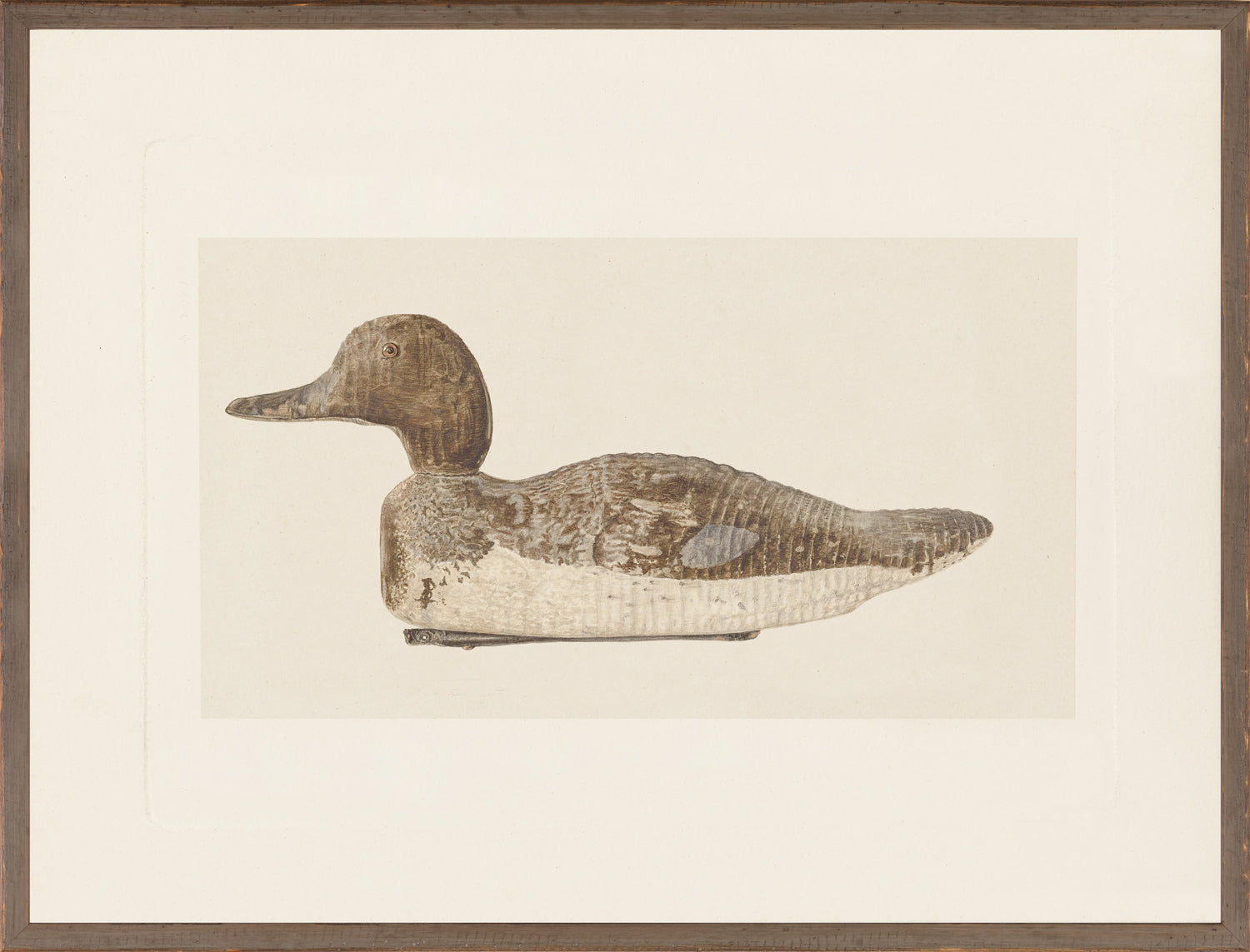 Northern Collection – Decoy C. 1938, wooden duck decoy in natural tones, side view