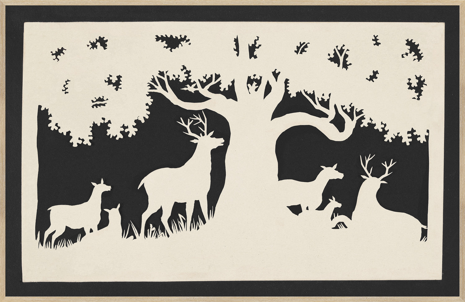 Cut Out – Deer Under a Large Tree C. 1850 wall art featuring deer silhouettes and a large tree.