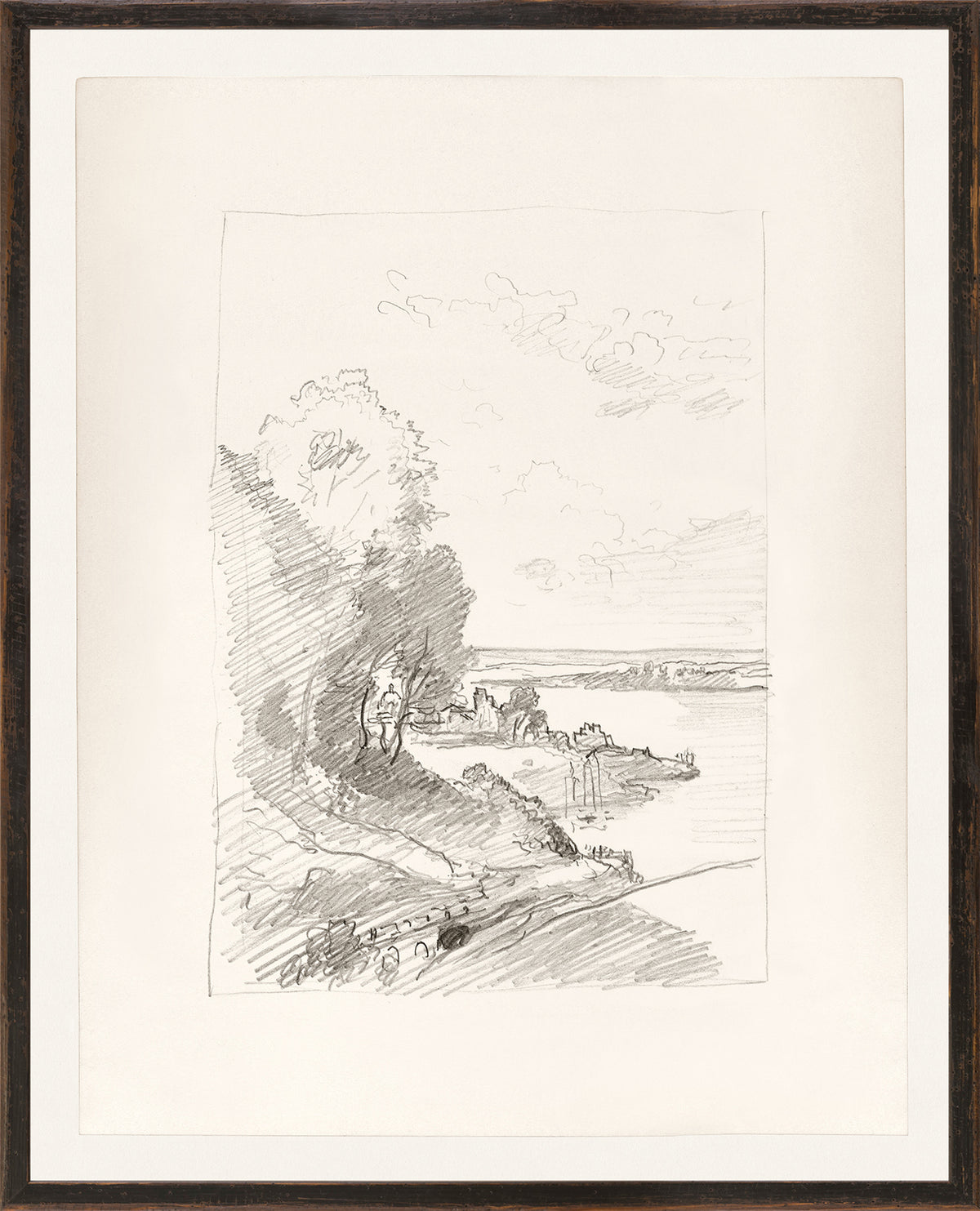 Folio Study – Harbor Town II, C. 1878, a pencil sketch depicting a landscape with trees and water.