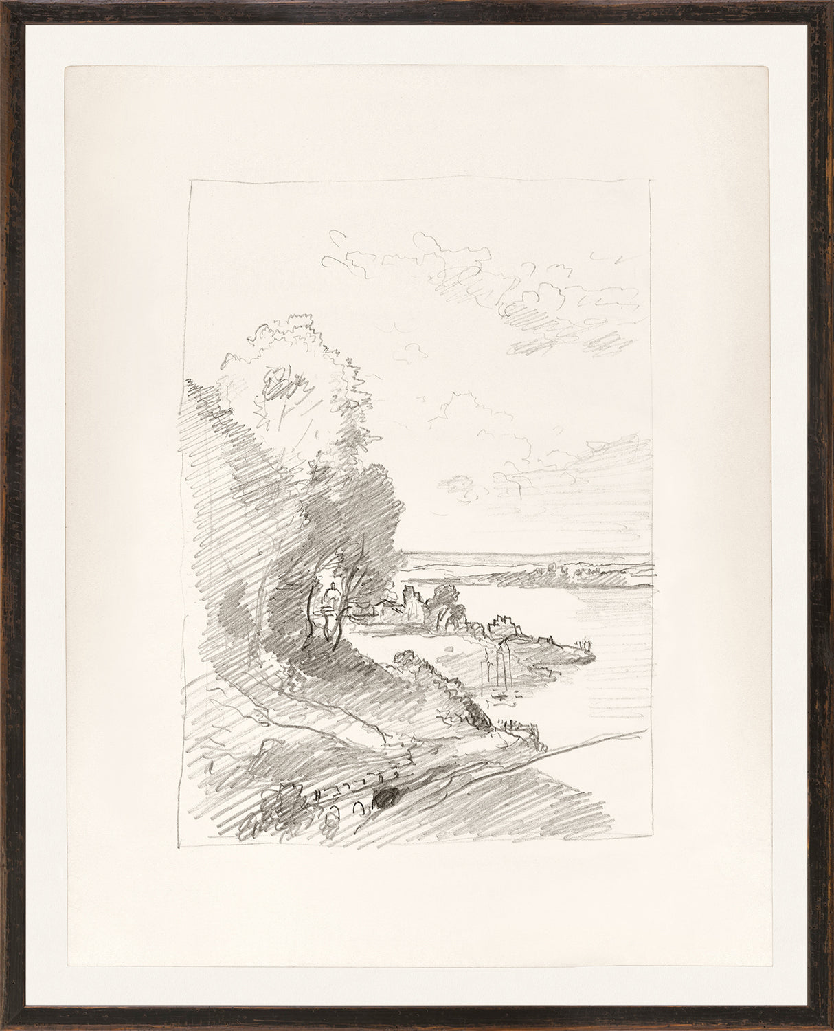 Folio Study – Harbor Town II, C. 1878, a pencil sketch depicting a landscape with trees and water.