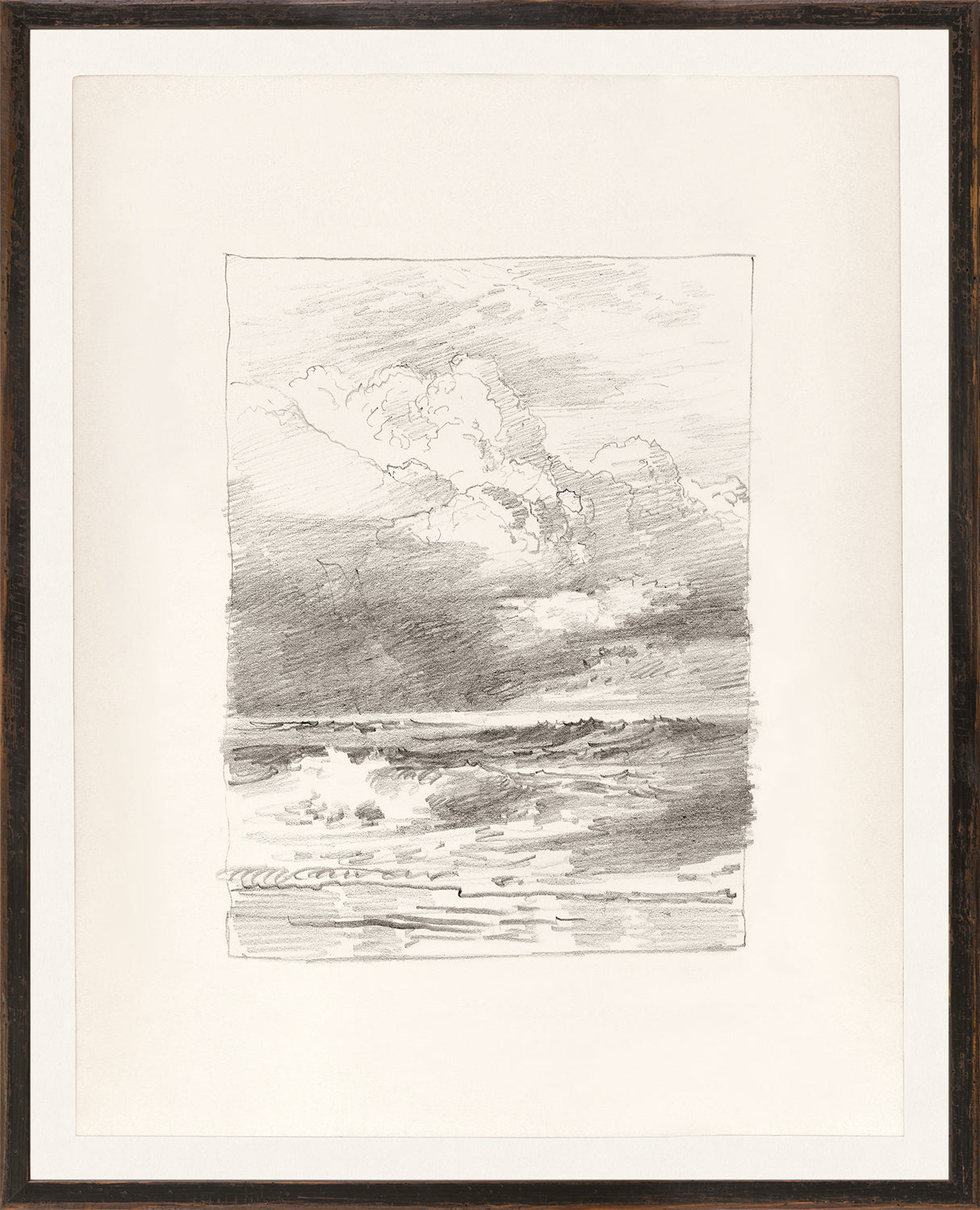 Folio Study – Sea I, C. 1878 by Celadon, detailed sketch of ocean waves and clouds in grayscale.