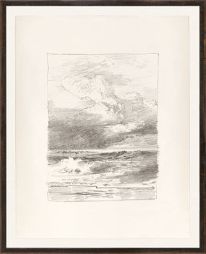 Folio Study – Sea I, C. 1878 by Celadon, detailed sketch of ocean waves and clouds in grayscale.