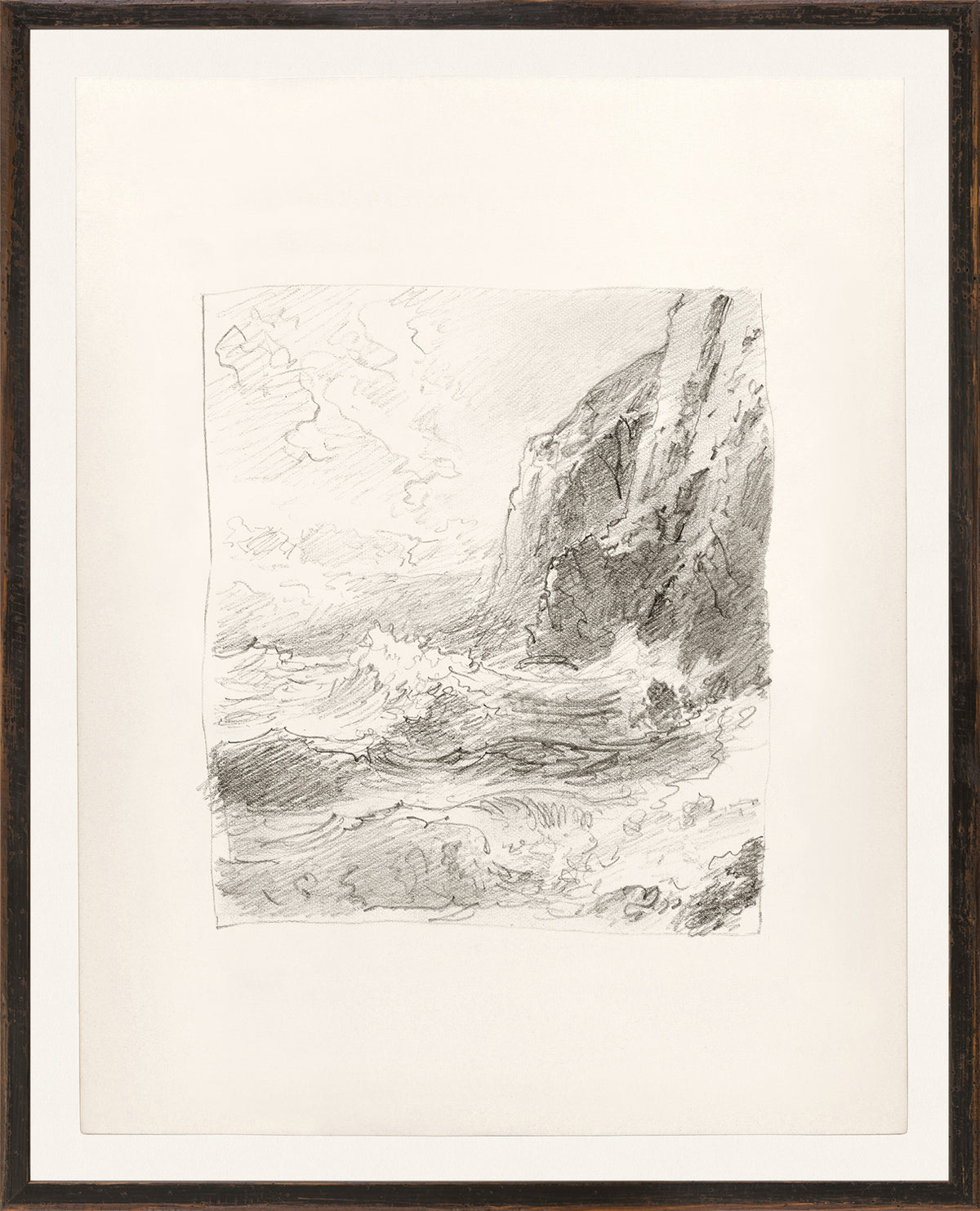 Folio Study – High Cliff I, C. 1878 by Celadon, pencil sketch of rocky cliff and ocean waves