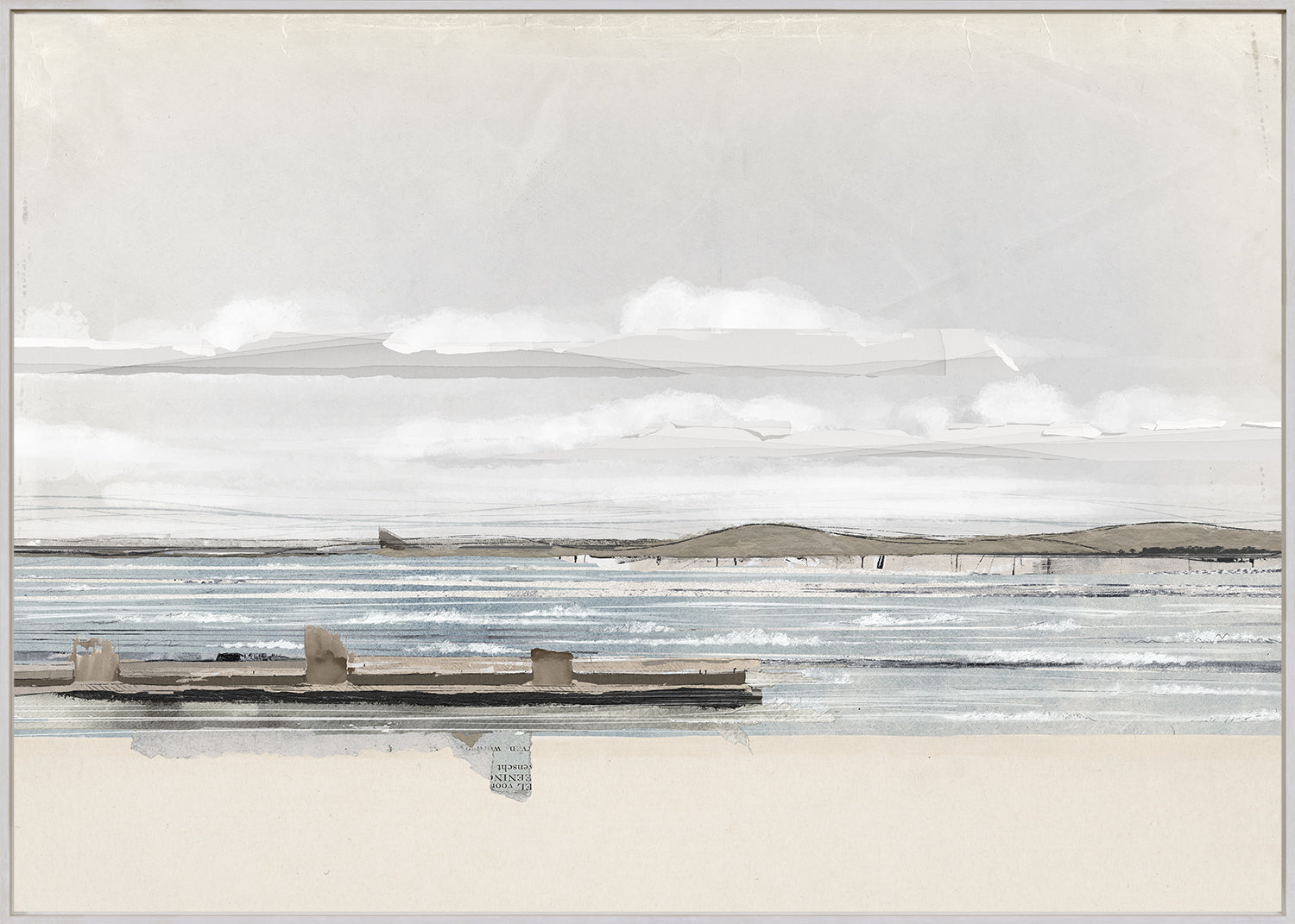 Decoupage Horizon II featuring a serene landscape with soft gray and blue tones, depicting water and distant hills.