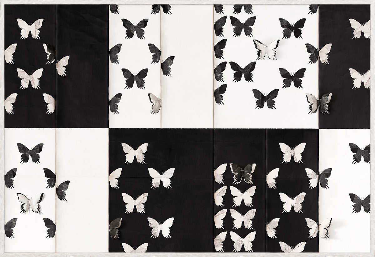 Mariposa wall art featuring black and white butterfly patterns on a textured background.