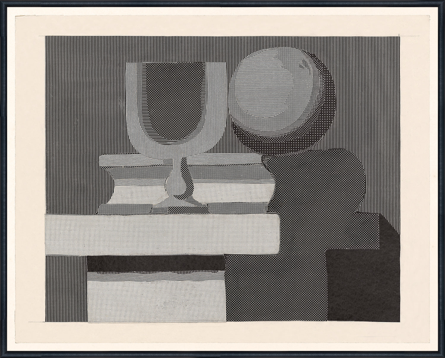 Architect’s Still Life wall art featuring abstract shapes in black and white, including a cup and sphere.