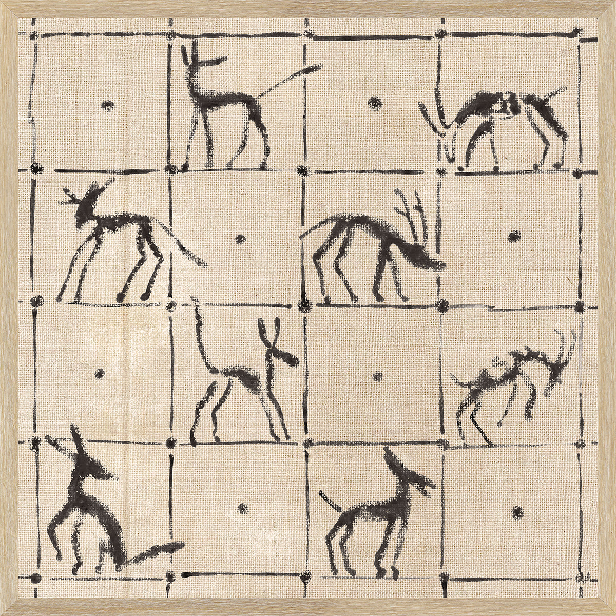 Menagerie Square – Animals wall art featuring black animal silhouettes on beige fabric background.