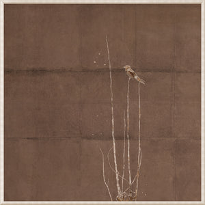 Fleeting Moment I wall art featuring a bird perched on tall branches against a brown background.