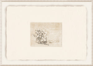 Petite View I wall art featuring a soft, muted landscape with trees and a house, framed in textured cream.