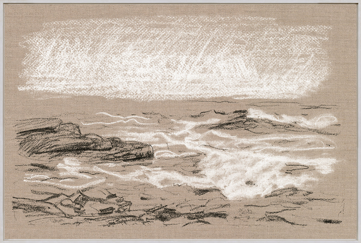 Plein Air Seascape I wall art featuring a serene ocean scene with rocky shoreline and soft waves.