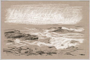 Plein Air Seascape I wall art featuring a serene ocean scene with rocky shoreline and soft waves.