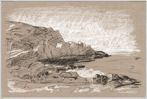 Plein Air Seascape III wall art featuring a coastal landscape with rocky cliffs and ocean waves, in neutral tones.