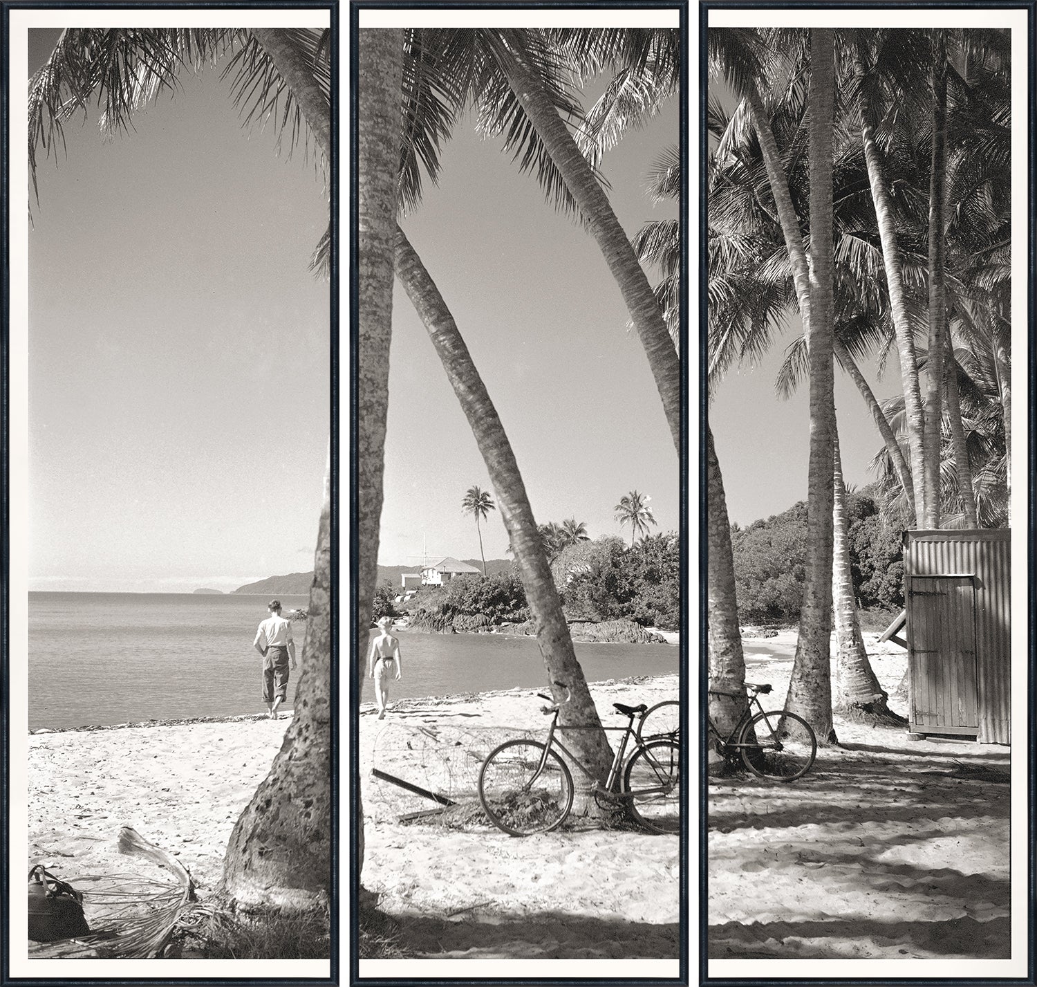 Nostalgia Collection – At the Beach C. 1959, black and white triptych of beach scene with palm trees and figures walking.