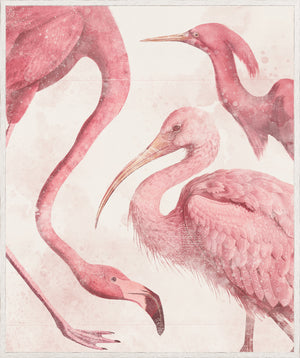 Roseate Aquatics I wall art featuring pink flamingos and herons in a soft pastel design.