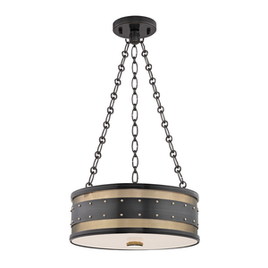 Gaines Pendant in Aged Brass shown from a second angle to highlight the shade shape and metal detail.