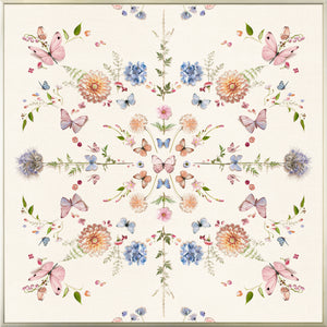 Flight Of Fancy wall art featuring a floral and butterfly design in pastel colors on a light background.