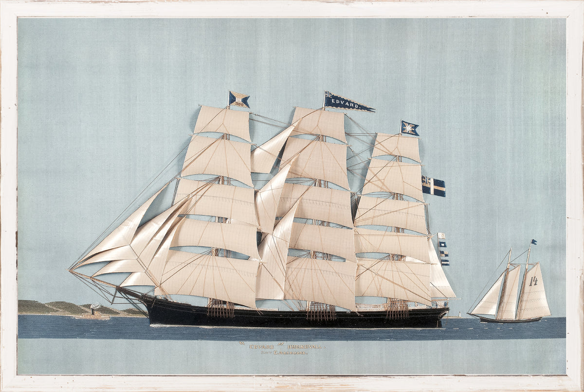 Clipper Ship – Edvard wall art featuring a detailed sailing ship with white sails on a blue background.