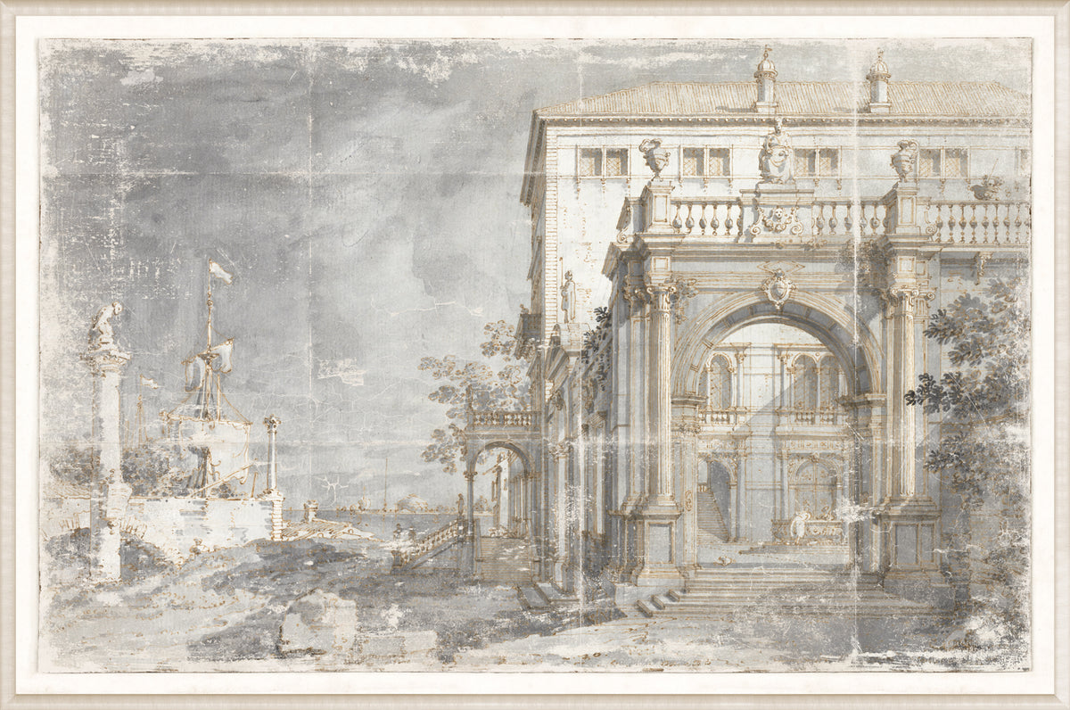 Villa by the Lagoon C.1740 wall art featuring a classical architectural scene in muted colors.