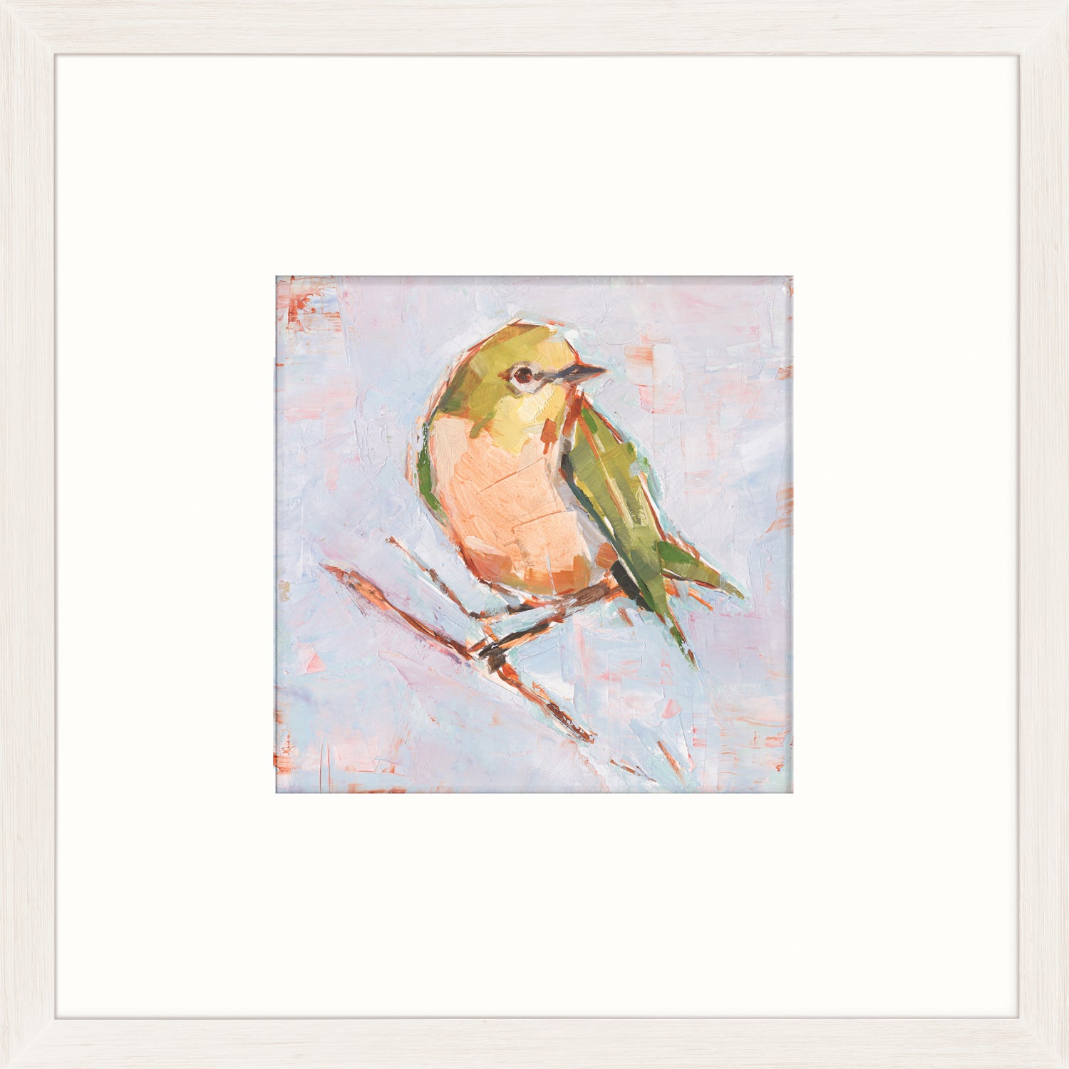 Bird Variety II wall art featuring a colorful bird perched on a branch against a soft pastel background.