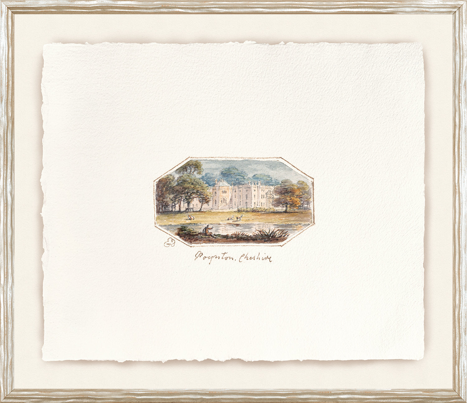 English Watercolours II C. 1790, depicting a historic building in soft colors, framed with a textured white border.