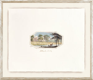 English Watercolours VII C. 1790 wall art featuring a serene landscape with trees and a building.