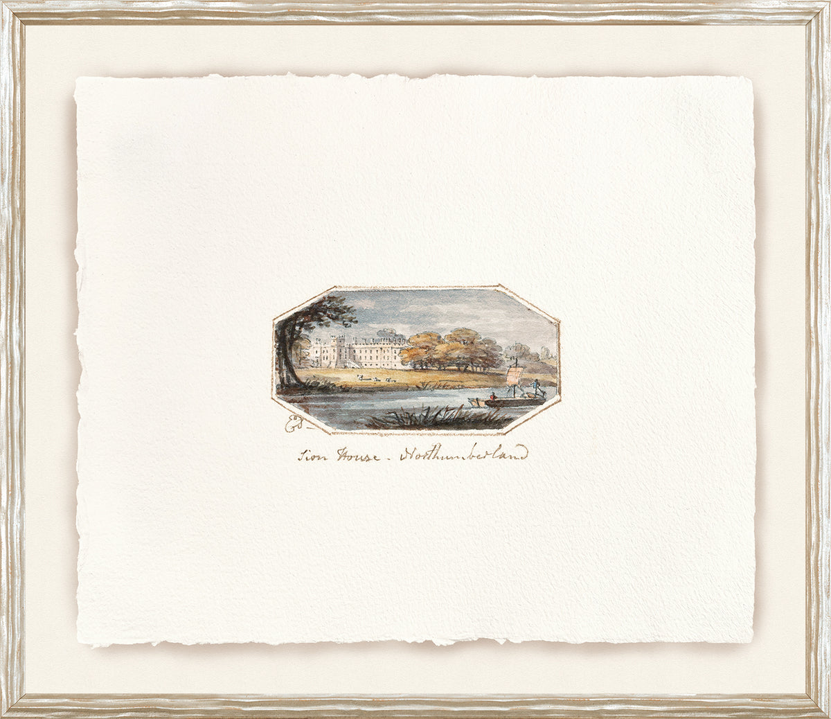 English Watercolours IX C. 1790, a watercolor scene of a house by a river with trees.