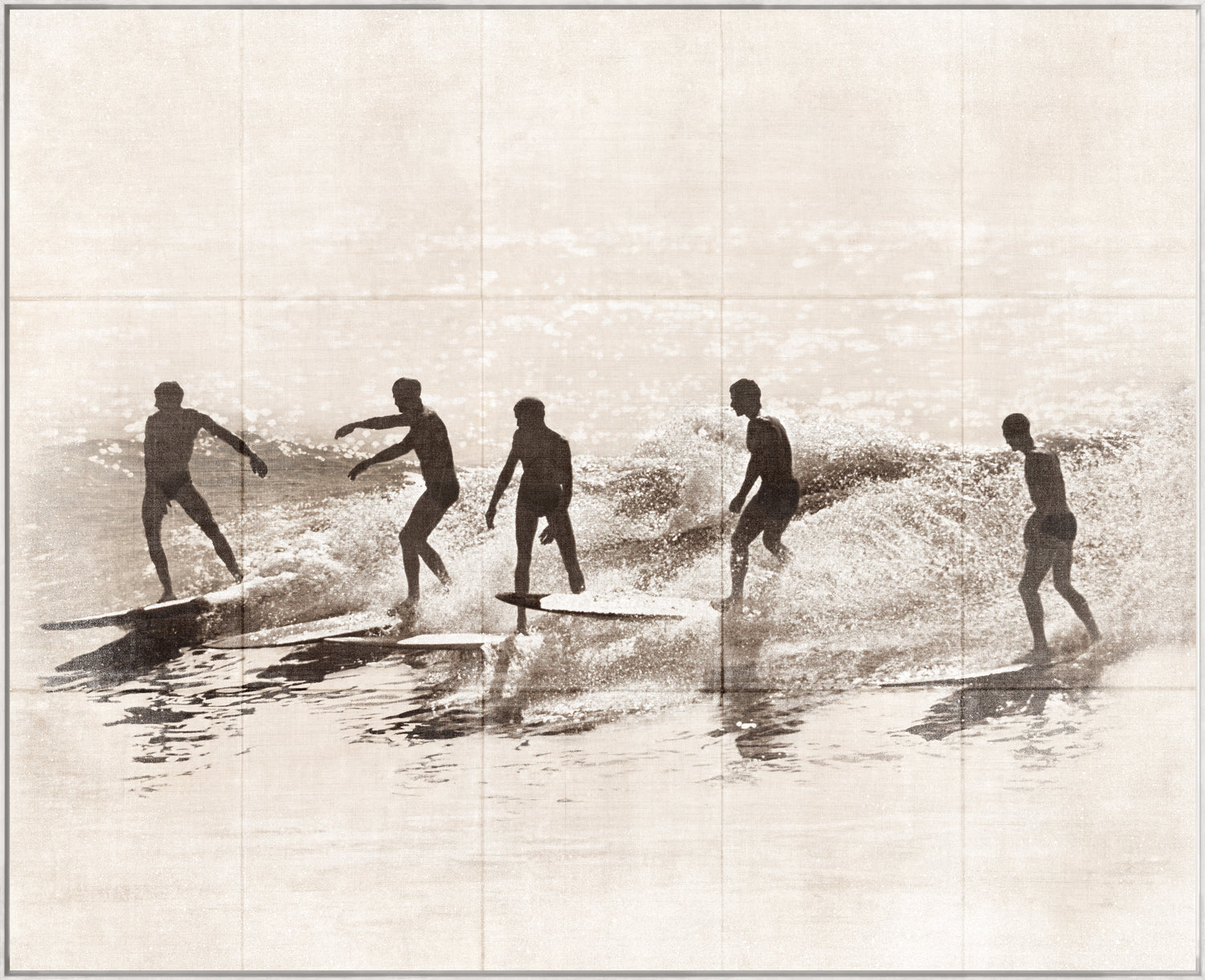 Summer Surf and Sand III C. 1966 wall art featuring silhouettes of surfers riding waves in sepia tones.