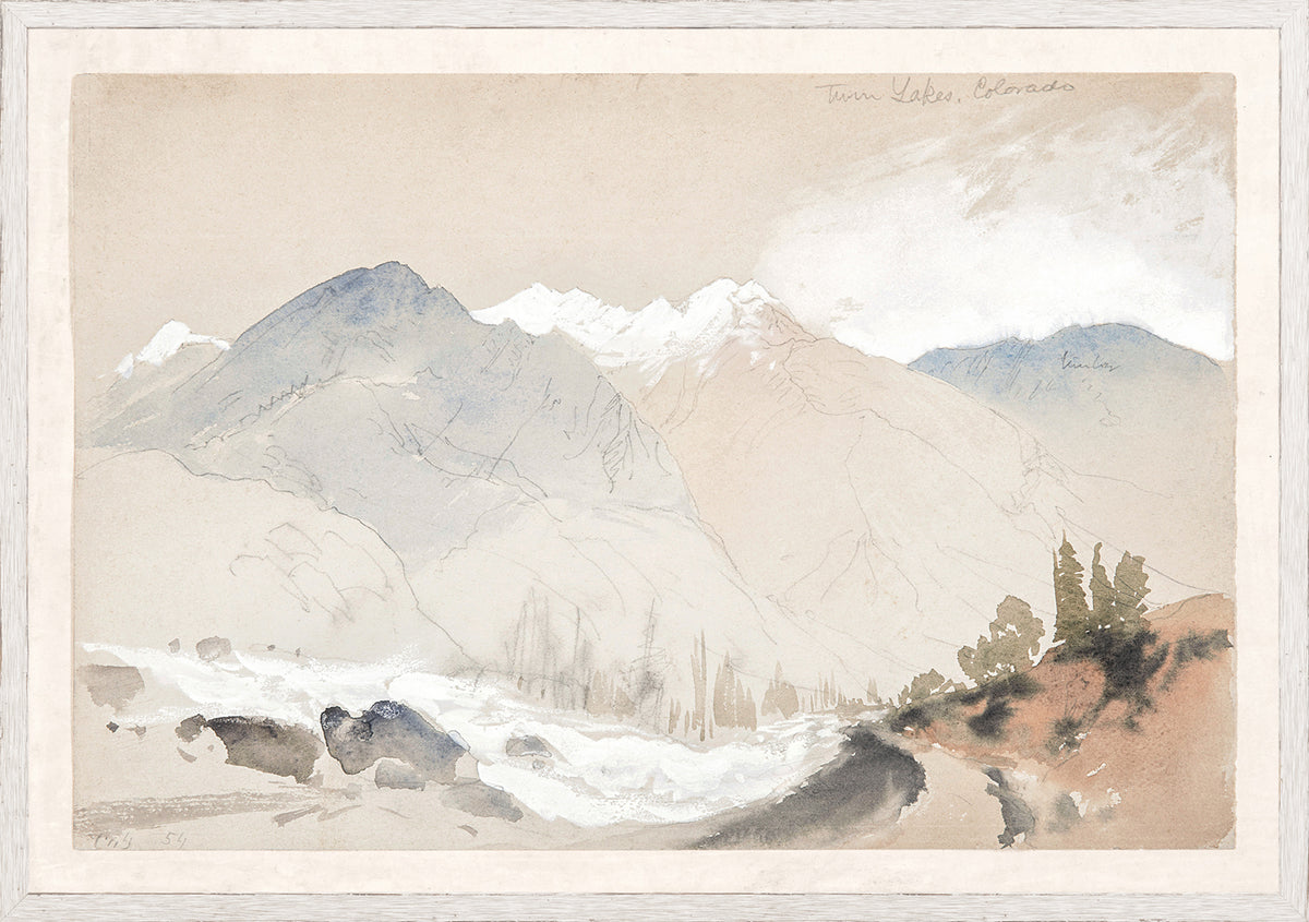 Moran – Twin Lakes, Colorado C. 1888 wall art featuring soft watercolor mountains and a serene landscape.