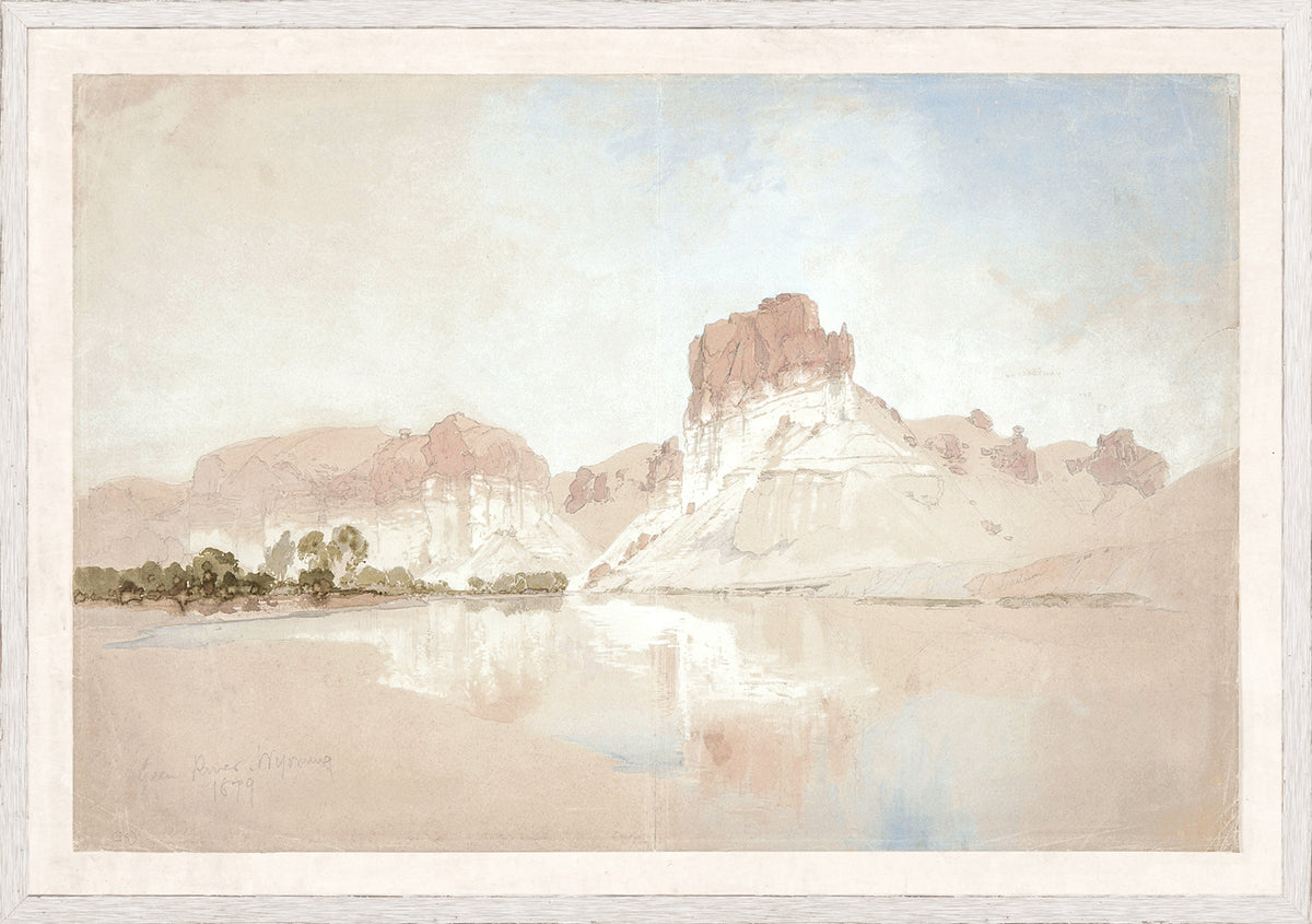 Moran – Green River, Wyoming II C. 1888, watercolor landscape with soft hues and reflections on water.