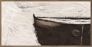 Vessel I wall art featuring abstract brown boat design on a textured light background.
