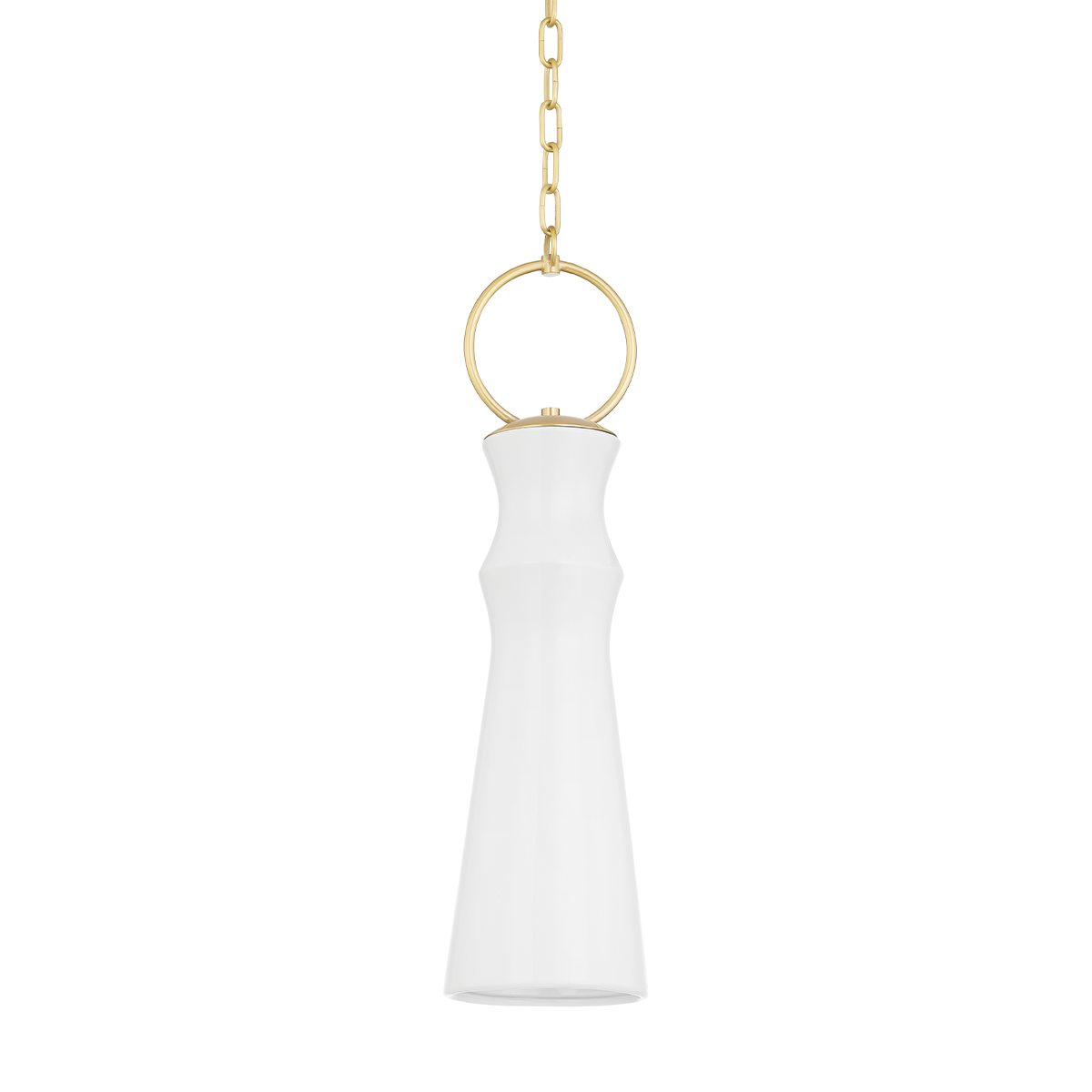 Borden Pendant in aged brass shown from a second angle to highlight the shade shape and metal detail.