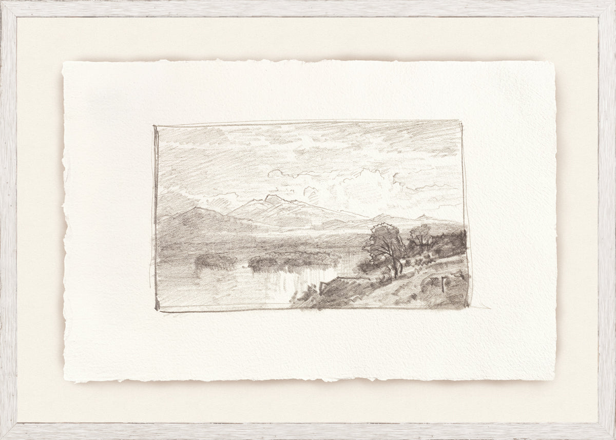 Sketchbook Landscapes IV C. 1892 by Celadon, pencil sketch of mountains and lake on textured paper.