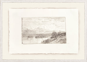 Sketchbook Landscapes IV C. 1892 by Celadon, pencil sketch of mountains and lake on textured paper.