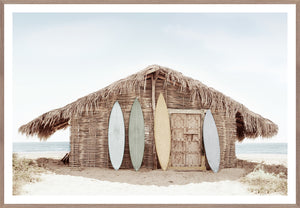 Beach Hut wall art featuring a thatched roof hut with surfboards in pastel colors