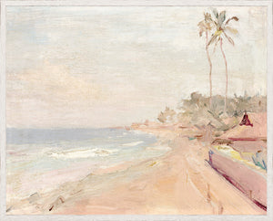 Raw Canvas Series – Pastel Palm II, soft pastel beach scene with palm trees and gentle waves