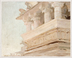 Raw Canvas Series – Pastel Facade, soft pastel colors, textured wall art with architectural details.