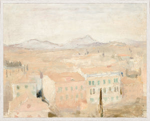 Raw Canvas Series – View from the Balcony, soft pastel landscape with mountains and buildings in muted colors.