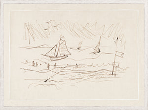 Pen and Ink Seaside I wall art featuring a sketched seaside scene with sailboats and figures.