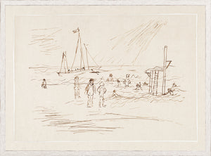 Pen and Ink Seaside III wall art featuring a beach scene with figures and a sailboat.