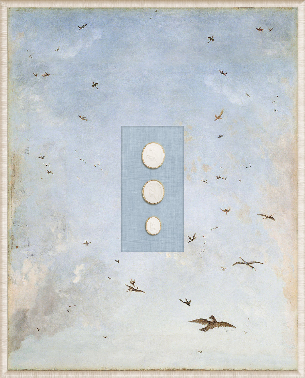 Grand Tour Intaglio – Soaring I wall art featuring a blue sky with birds and three intaglio pieces.