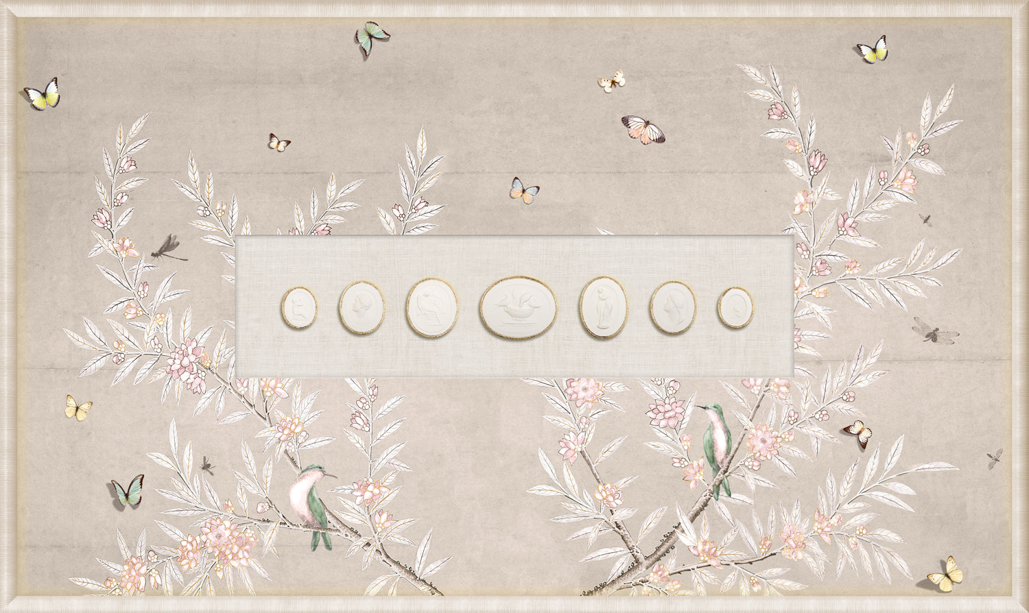 Grand Tour Intaglio – Spring Time Chinoiserie in Crème III, Form I framed art print, 14.75 × 24.75 in
