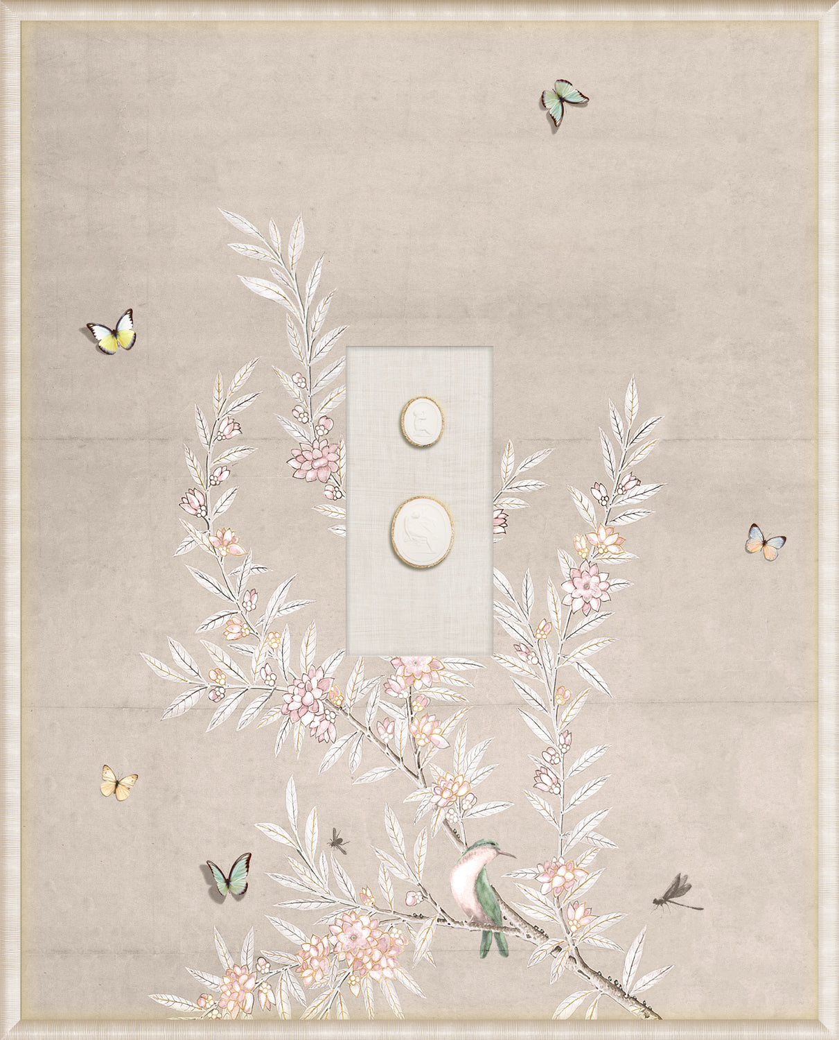Grand Tour Intaglio – Spring Time Chinoiserie in Crème I, Form VII framed art print, 16.75 × 20.75 in