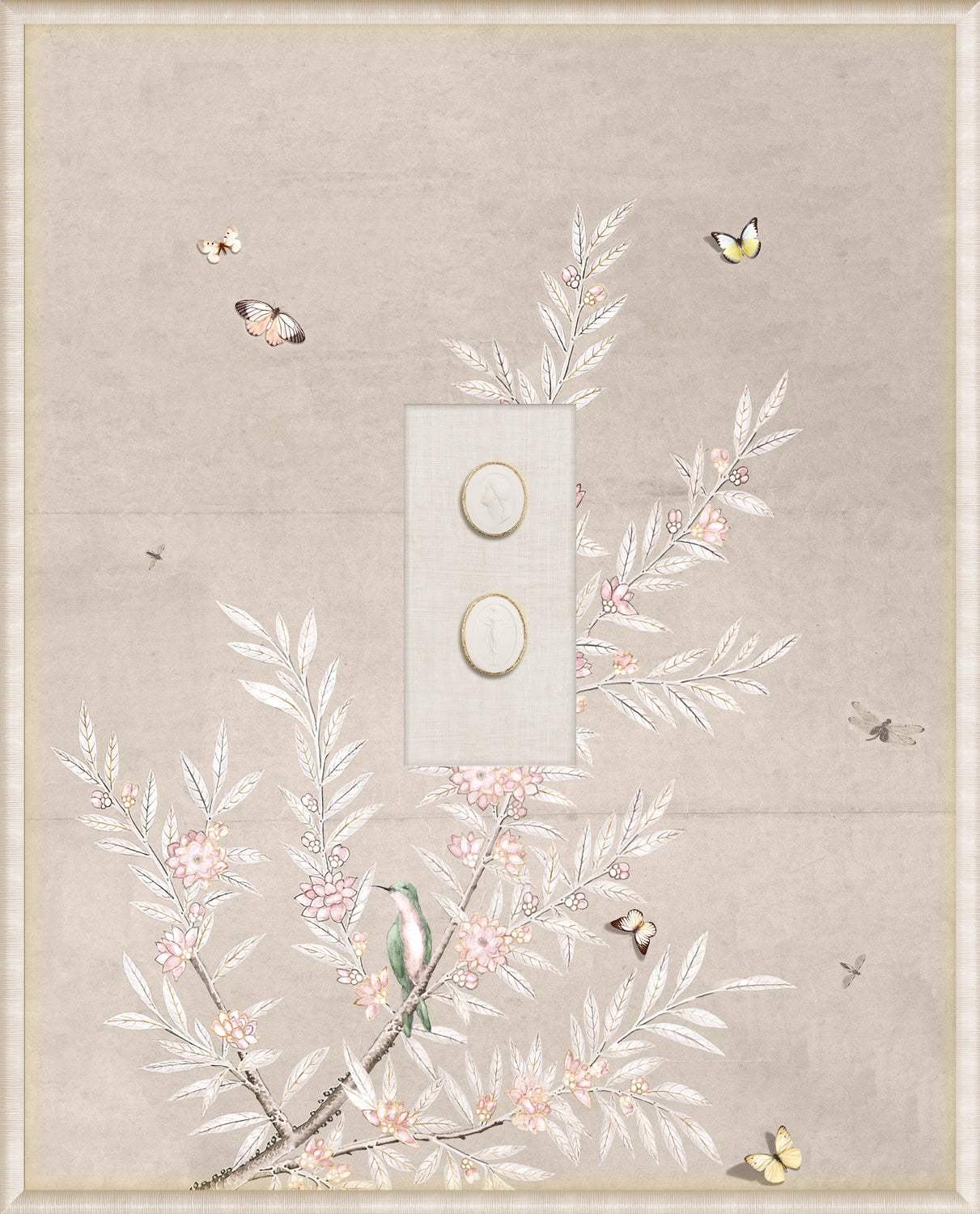 Grand Tour Intaglio – Spring Time Chinoiserie in Crème II, Form X framed art print, 16.75 × 20.75 in